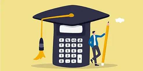 Graduated student standing with mortar board hat calculator.